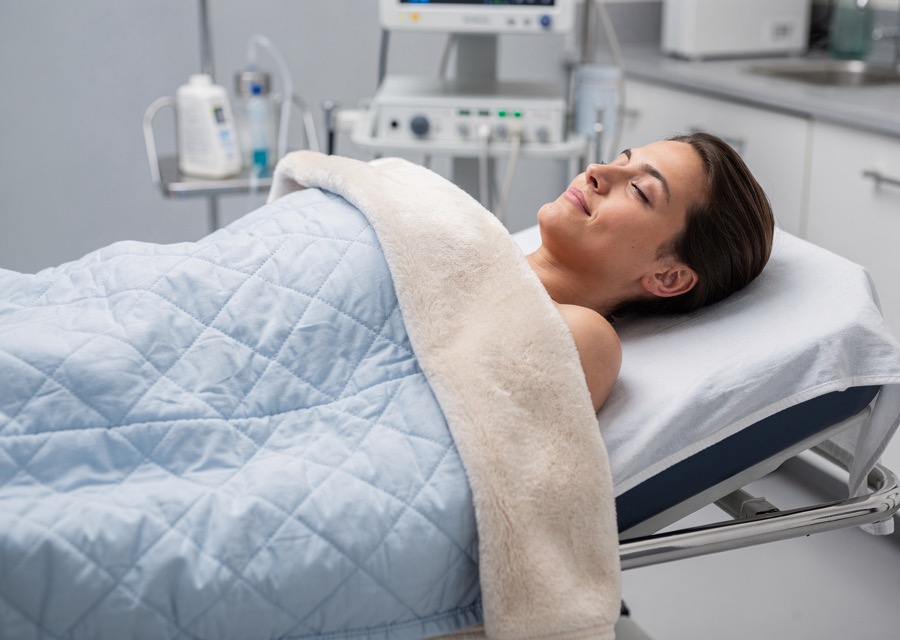 Pacient acoperit cu pătură de încălzire cu aer cald